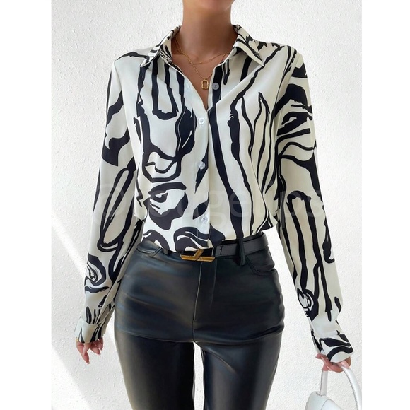 Abstract Print Button Down Collared Long Sleeve Dress Shirt Top Black Off White - Picture 6 of 8